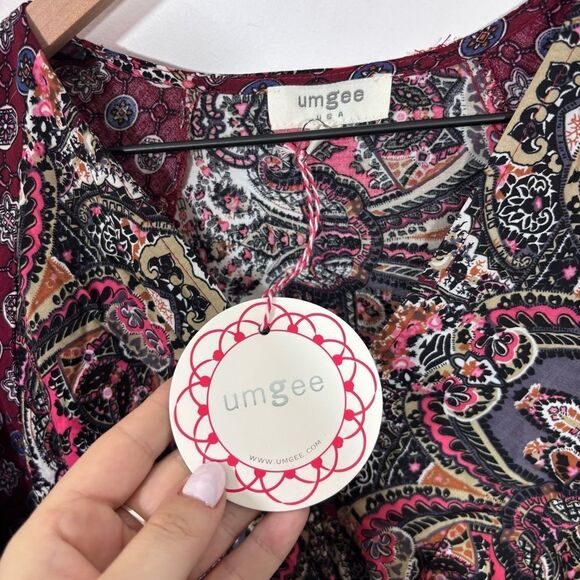 Umgee Wine Multiprint Surplice Long Sleeve Tiered Short Dress NEW Size Small - Picture 11 of 14